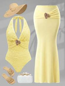 SHEIN Swim Summer Women's Casual Vacation Beach Party Sexy V-Neck Tie Butter Yellow Ruched Metal Flower One-Piece Swimsuit Solid Cream Mermaid Maxi Skirt Set - Pale Yellow - View 5