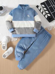 SHEIN 男童時尚休閒拼色立領拉鍊刺繡Logo毛絨上衣與長褲兩件套，適合日常穿著、外出、上學，秋冬款 - 彩色 - 查看 5