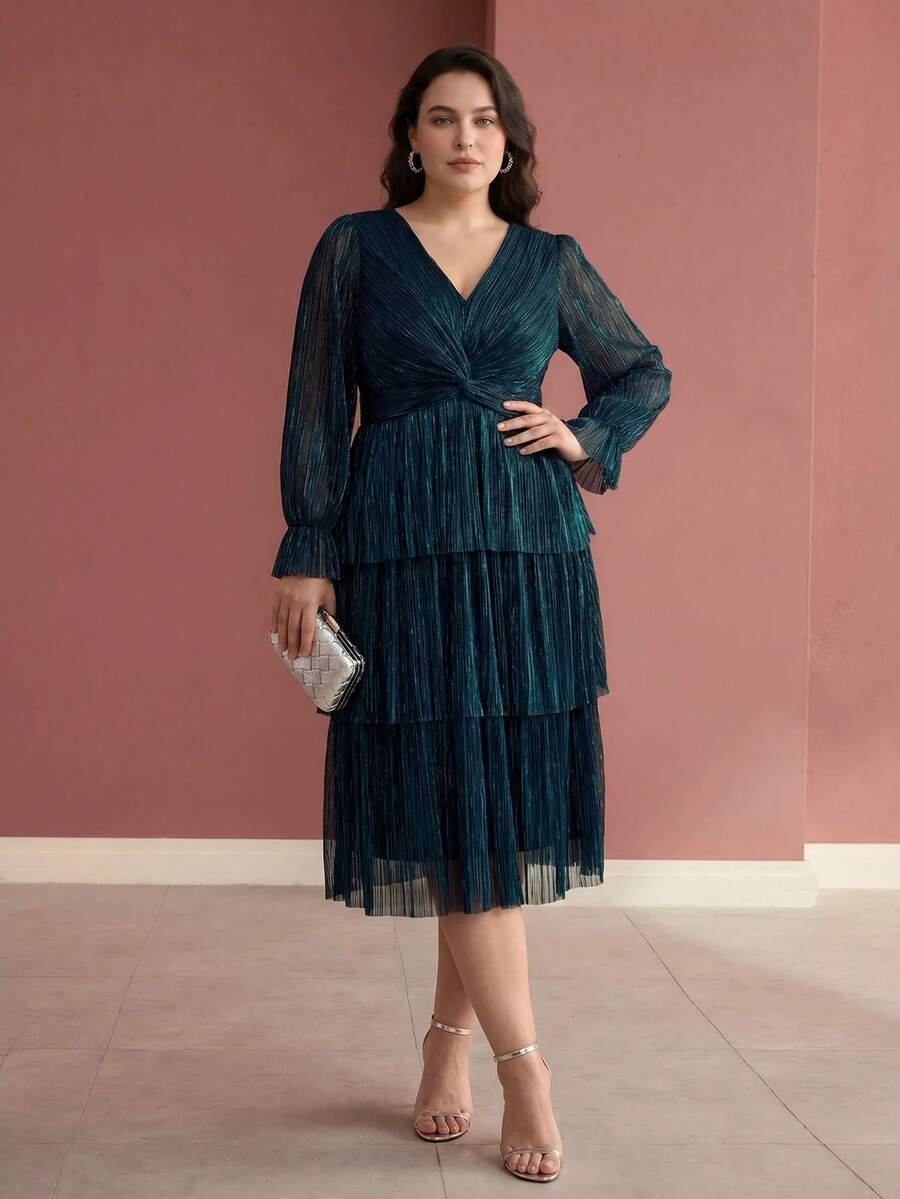 MOTF PREMIUM PLUS SIZE WOMEN'S GLITTER FLARE SLEEVE TWIST WAIST PLISSE DRESS FALL - Dark Green - View 2
