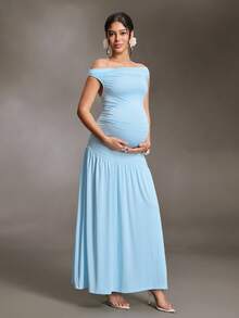 Cheriluna Maternity 輕奢單肩高彈力針織孕婦洋裝，修身抓皺大裙擺孕婦長洋裝，優雅大方的孕婦晚禮服 - 藍色 - 查看 9