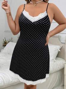EMERY ROSE Plus Size Summer Casual Lace Patchwork Polka Dot Print Cami Dress - Multicolor - View 5