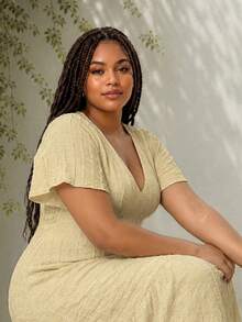 ELLERISSA Plus Size Yellow Deep V Flute Sleeve Textured Lace Maxi Dress With Ruffle Hem Vacation Evening Summer Elegant Frenchy - Yellow - View 5
