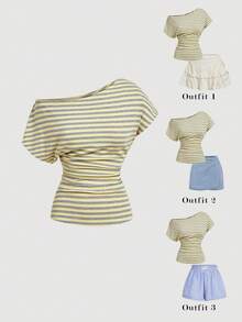 SHEIN MOD Camiseta casual versátil de primavera/verano con rayas, hombro asimétrico y fruncido - Multicolor - Ver 2