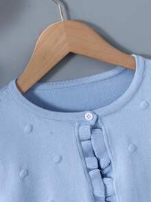 SHEIN Vintaside Kids Tween Girl Solid Color Frill Trim Single Button Knit Cardigan - Blue - View 4