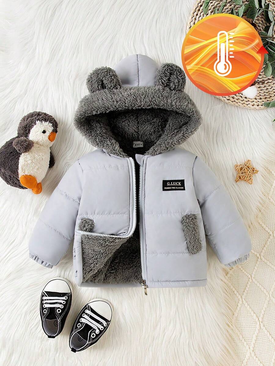 SHEIN Vintaside Kids Baby Boy Hooded Velvet Warm Coat, 2024 Winter Collection, Simple Yet Fashionable, Windproof, Comfortable, For Christmas - Grey - View 1