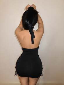 BamGleam Fashion Sexy Backless Halter Hollow Tie Ring Solid Color Mini Dress - Black - View 3