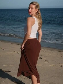 Turnttoni Wide Waistband Rufflea Symmetrical Hem Long Skirt Brown - Brown - View 5