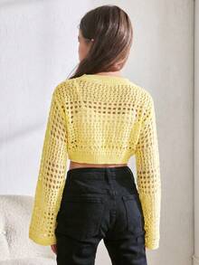 SHEIN Tween Girl Tween Girl Solid Color Simple Hollow Out Round Neck Pullover Hoodie - Yellow - View 2