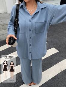 Dazy Tall Women's Lapel Long Sleeve Stitch Decor Open Front Shirt And Loose Straight Leg Pants Urban Casual Denim Set - Light Wash - View 1