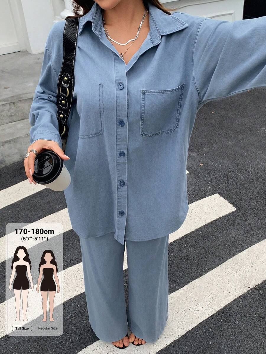 Dazy Tall Women's Lapel Long Sleeve Stitch Decor Open Front Shirt And Loose Straight Leg Pants Urban Casual Denim Set - Light Wash - View 1