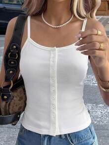 DAZY Top casual de verano de unicolor con botones delanteros y tirantes - Blanco - Ver 6