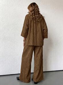 Aveloria Modichic 2pcs Women Blended Side Slit Loose Shirt&Wide Leg High Waist Pants Set Elegant Business Casual Women - Coffee Brown - View 3
