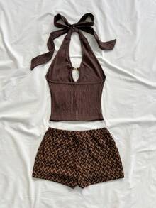 SHEIN Tween Girl Solid Color Metal Decor Halter Top And Shorts Casual Tropical Daily Outfit Vacation Chocolate Brown Shades Of Brown Summer For Tween Girl - Coffee Brown - View 2