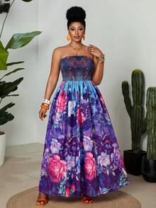 Maweii Vestido Maxi Elegante Vintage de Vacaciones con Estampado Floral Colorido, Plisado y Cruzado, sin Tirantes y sin Mangas, para Mujer Talla Grande, Primavera/Verano - Azul - Ver 4