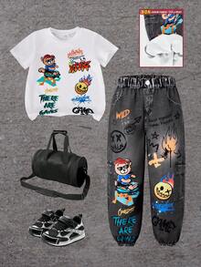 Boys' Casual Cute Summer Outfit Set, Soft Elegant Island Style Basic White Short Sleeve T-Shirt With Graphic Print And Woven Cargo Long Pants For Daily Wear, Beach, Weekend - Dark Grey - View 3