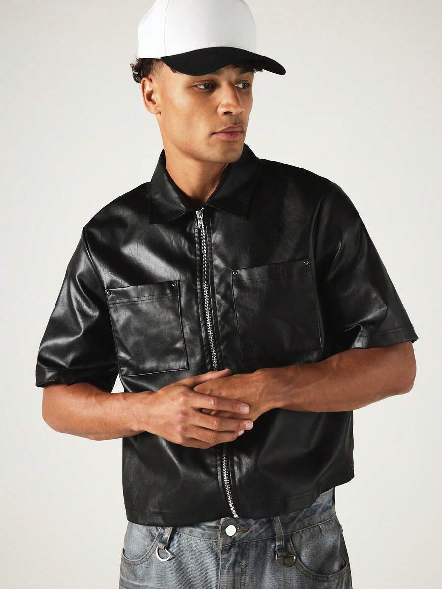 SUMWON Crop Fit Zip-Up Faux Leather Utility Shirt With Dual Chest Pockets And Short Sleeves - Black - View 1