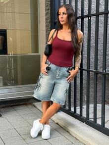 SAYEHFBABY Women's Patterned Pocket Wide Leg Loose Casual Bermuda Denim Shorts Summer - Blue - View 1