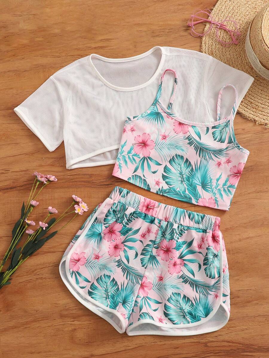 SHEIN Tween Girl Tropical Print Cami Top & Shorts & Tee - Multicolor - View 1