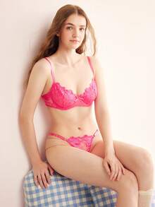 SHEIN 2pcs/Set Women's Mesh Embroidery Lingerie Set - Watermelon Pink - View 4