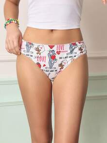 Chillnights TOM & JERRY X SHEIN Women's Cartoon Print Lace Patchwork Sweet Cute Triangle Panties - Red - View 2