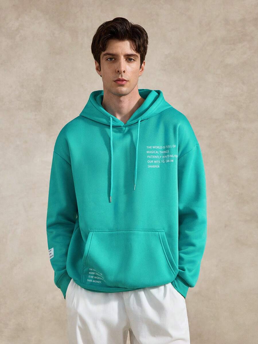 Courvante Men Slogan Graphic Kangaroo Pocket Drop Shoulder Hoodie, Fall, Long Sleeve Top, Tennis - Mint Blue - View 1