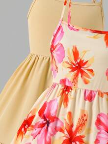 SHEIN Elladie kids 女童休閒甜美花卉與素色拼接細肩帶洋裝，適合日常穿著、夏季、戶外與度假 - 黃色 - 查看 6