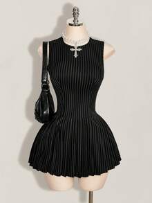 SHEIN ICON 女款條紋拼接配色法式溫柔圓領洋裝 - 黑與白 - 查看 3
