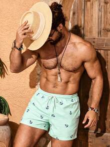 Manfinity KASUA Pantalones cortos de playa de doble capa con cintura con cordón y rayas de ancla para vacaciones de hombres - Verde - Ver 8