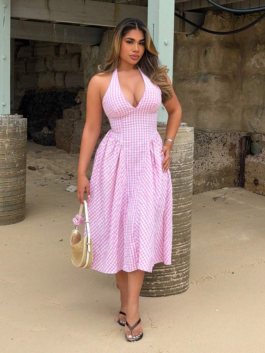 Maria Perezxox Damen Lässig Kleid mit Rückenschnürung und Karomuster, Polka Dot Kleid Rosa Elegant Party - Pink - Übersicht 1