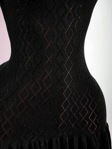 Amplova Women's Knit Sexy Avant-Garde Back To School Style Collared Lace Hem Short Sleeve Dress - Black - View 6