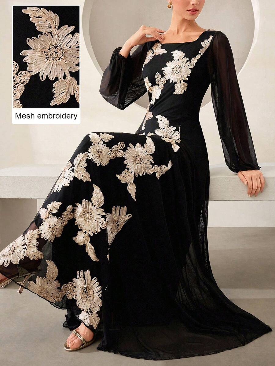 Graceveil Black Floral Embroidered Contrast Mesh Elegant Classy Fashionable Evening Dinner Ball Gown Long Dress For Women Autumn