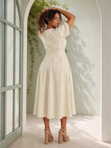 ELLERISSA Curve Elegant White Summer Party Midi Dress,Puff Sleeve Box Pleated V Neck A Line Structured Gown,Plus Size Women's Formal Work Outfits - White - View 2