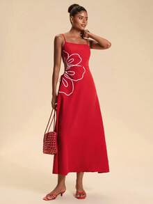 Travachic Vacation Petal Embroidery Cutout Ruched Cami Dress Vacation Red Floral Summer Elegant - Red - View 5