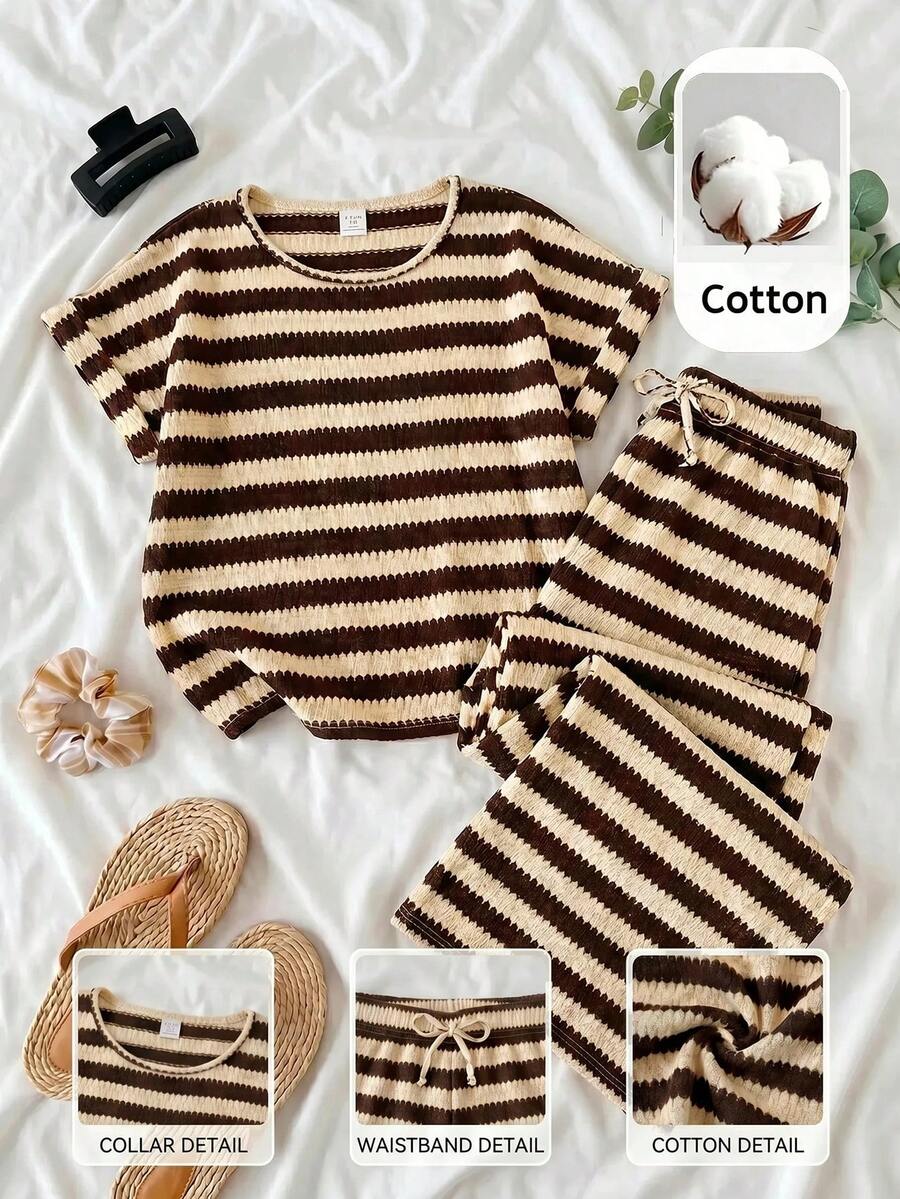 SHEIN Tween Girl Knit Loose Casual Simple Comfortable Crew Neck Short Sleeve Striped T-Shirt And Long Pants 2pcs Set - Black and White - View 1