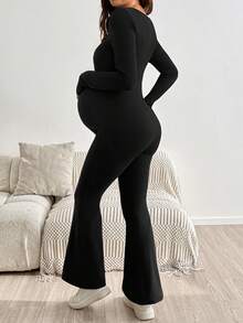 SHEIN Maternity Solid Color Minimalist Simple Versatile Long Sleeve Flared Leg Jumpsuit Autumn Photoshoot - Black - View 7