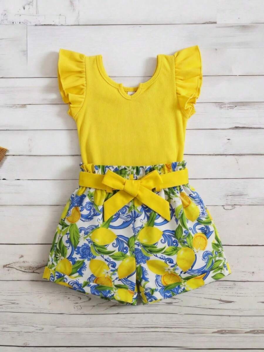 SHEIN 女童休闲日常舒适修身柠檬图案撞色蝴蝶结连体裤,女童罗纹针织蝴蝶袖纸袋腰连体衣,幼儿女童黄色套装,适合度假、假日、日常穿着、春夏 - 黃色 - 查看 1