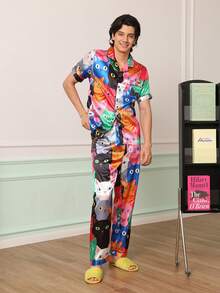 Chillnights Couples Young Cute Fun Vibrant Cat Print Lapel Front-Opening Satin Men's Loungewear Set - Multicolor - View 2