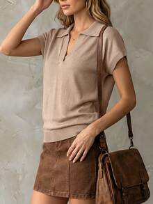 Balvessa Women's Polo Collar V-Neck Ribbed Cuff & Hem Minimalist Casual Short Sleeve Sweater - Khaki - View 5