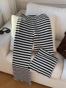 SHEIN Tall CURVE 加大码粉色条纹弹力腰裤 - 黑與白 - 查看 3