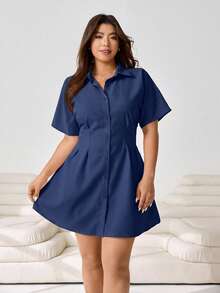 Solflare Plus Size Women's Solid Color Pleated Casual Party Short Sleeve Dress - Navy Blue - View 4