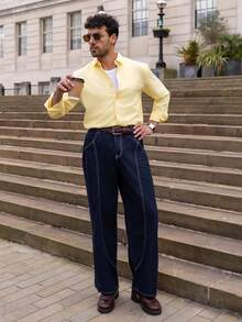 YOUESAWY YOUESAWY Men's Long Sleeve Formal Business Commuting Shirt Yellow Fabric Button Front Regular Fit - Yellow - View 4