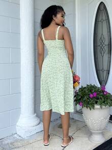 Alexandranx Ditsy Floral Print Tie Front Ruched Bust Valentine Day Green Cami Dress,Summer Dresses For Women,Pastel Dresses For Women Vacation Elegant - Pastel Green - View 2