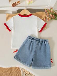 SHEIN Vintaside Kids 嬰兒女童蝴蝶結印花對比滾邊短袖上衣與時尚收口短褲套裝 - 紅白色 - 查看 2