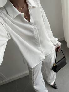 Korevelle Women's 2 Pieces Set Off-White Long Sleeve Lace Patchwork Button Pleated Collar Blouse Loose Long Pants Summer Autumn Teachers' Day Dinner - White - View 3
