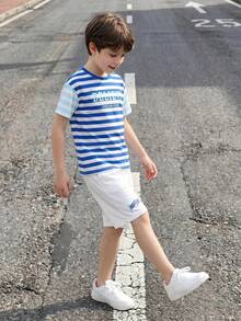 SHEIN Casuvi Kids 男童休闲条纹插肩袖T恤和印花短裤套装，宽松版型，美式风格，适合夏季外出穿着 - 彩色 - 查看 4
