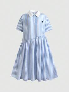 SHEIN 青少年女孩 Polo 領條紋刺繡圖案短袖中長洋裝，適合青少年女孩，對比色荷葉領花瓣袖印花洋裝，適合學校、戶外活動、購物，鈕扣洋裝童裝 - 藍色 - 查看 3
