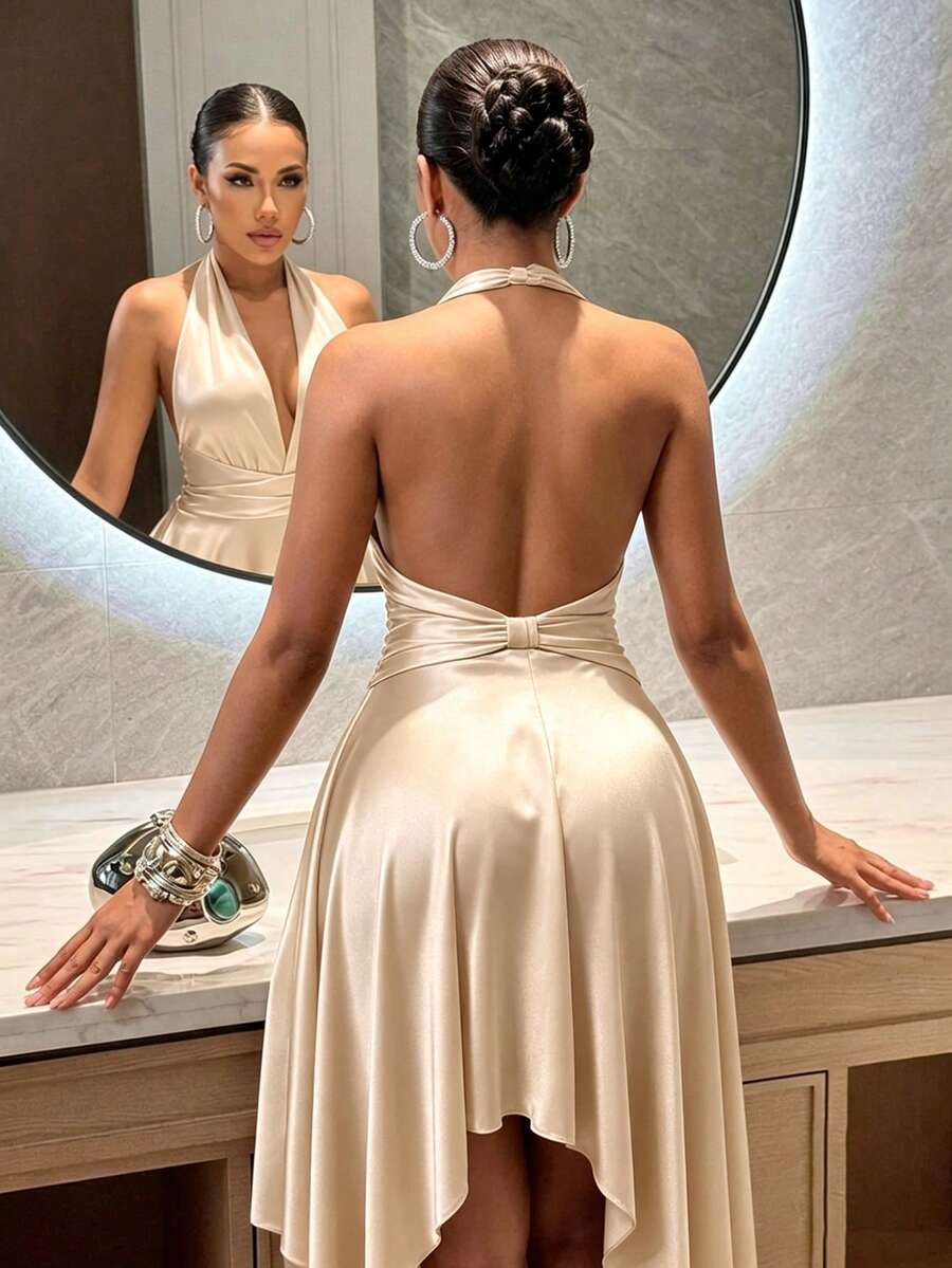 SOLERSUN 夏季女款洋裝，荷葉領口、不對稱下擺、背後蝴蝶結設計，杏色長版