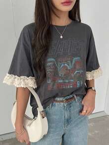 Dazy Tall Women's Summer Round Neck Contrast Color Lace Patchwork Loose Printed Casual Pullover T-Shirt Oversized - Grey - View 10