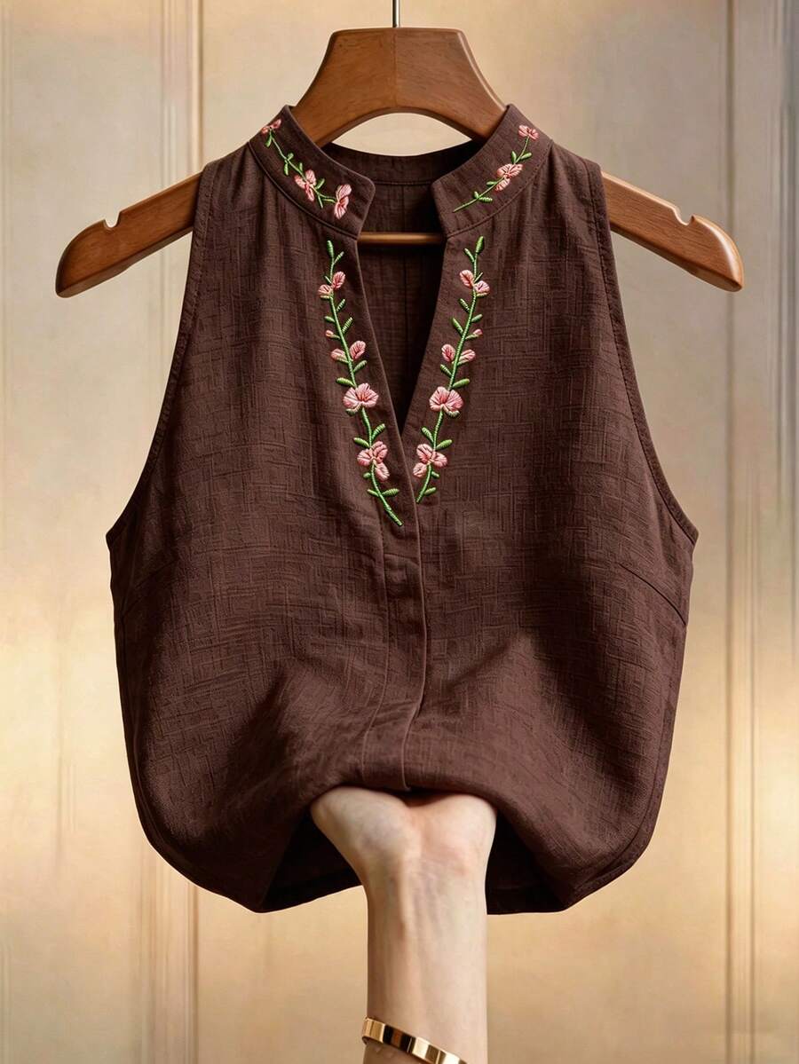 Elouméa 女款花卉刺繡立領無袖上衣,夏季優雅通勤上衣 - 棕色 - 查看 1