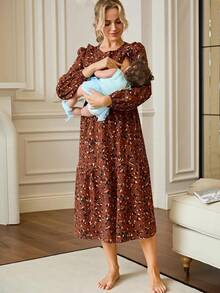 Slowluna Maternity Casual All-Over Print Ruffle Hem Nursing Dress Fall - Red - View 6